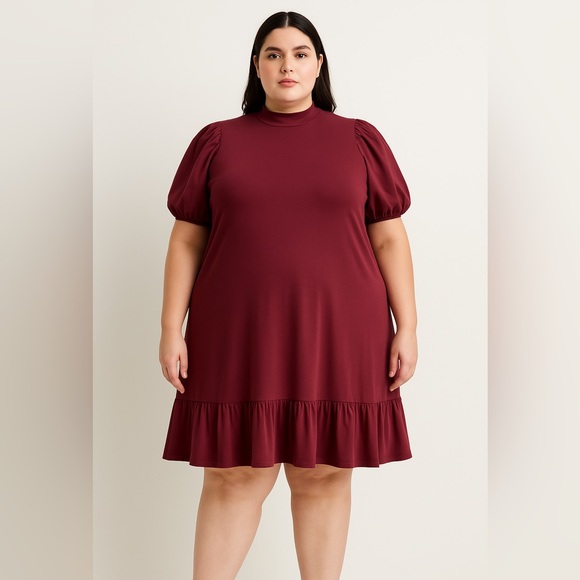 New!  Eloquii Maroon Dress puff sleeve flounce hem size‎ 28 - Picture 1 of 12
